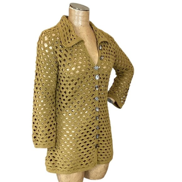 PURE Handknit Open Weave Cardigan Unique Gem Buttons 100% Cotton Sz S/M #283A - Picture 4 of 8